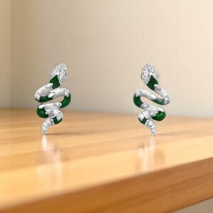 Green and White Enamel Serpent Earrings in 925 Sterling Silver
